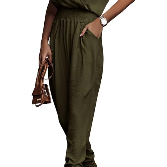 Surplice High Waist Cold Shoulder Strap Jumpsuit Wmn's M Olive Green Flattering - Picture 9 of 9